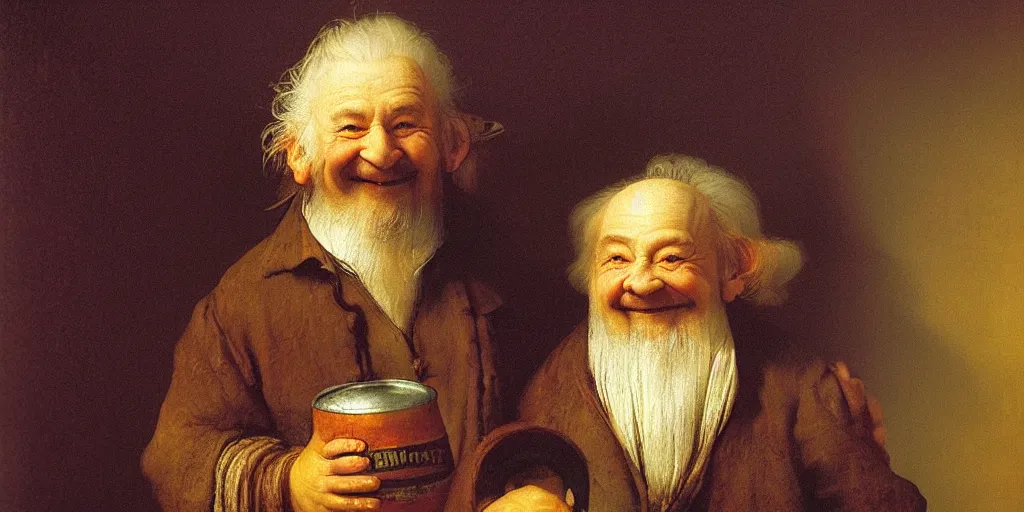 Prompt: a happy hobbit holding an oversized beer stein, portrait, by rembrandt