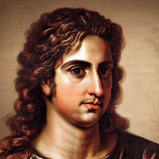 Prompt: A 17th century Baroque Painting of Alexander the Great, portrait of Alexander the Great, grainy, realistic, very realistic, hyperrealistic, highly detailed, very detailed, extremely detailed, very neat, very epic, very cool, detailed, trending on artstation