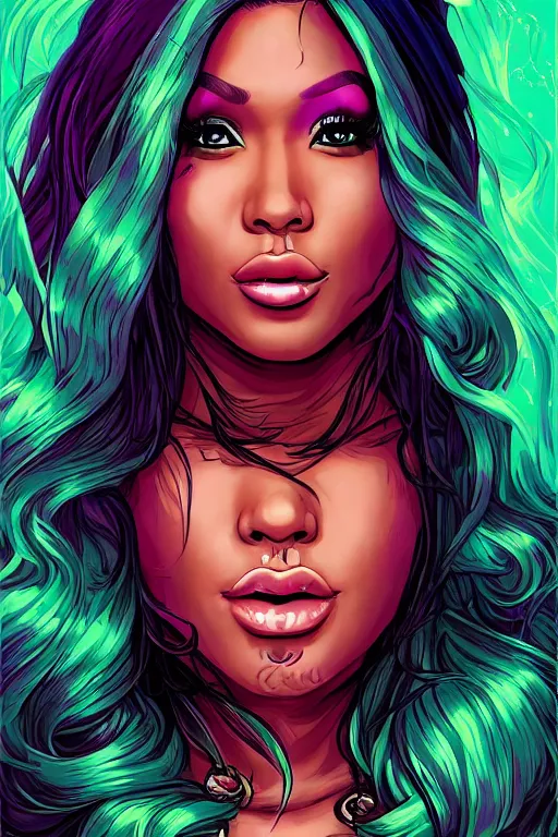 Prompt: a portrait of sexy nicki minaj with long hair, drawn by robbie trevino and dan mumford, poster, digital art, comic art, concept art,, single head, no double head,