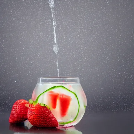 Prompt: a cucumber and strawberry drink on a table, water condensation beads, studio lighting