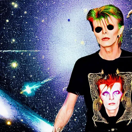 Prompt: a hyperreality concert david bowie wearing a dao yin - yang t - shirt performing on top of the spaceship in deep space, galaxies swirling around