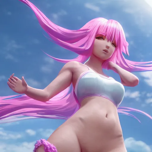 Image similar to taken from an extremely low angle at her feet, stunningly beautiful omnipotent anime goddess with pink hair and mesmerizing cyan eyes, unreal engine 5, 8 k