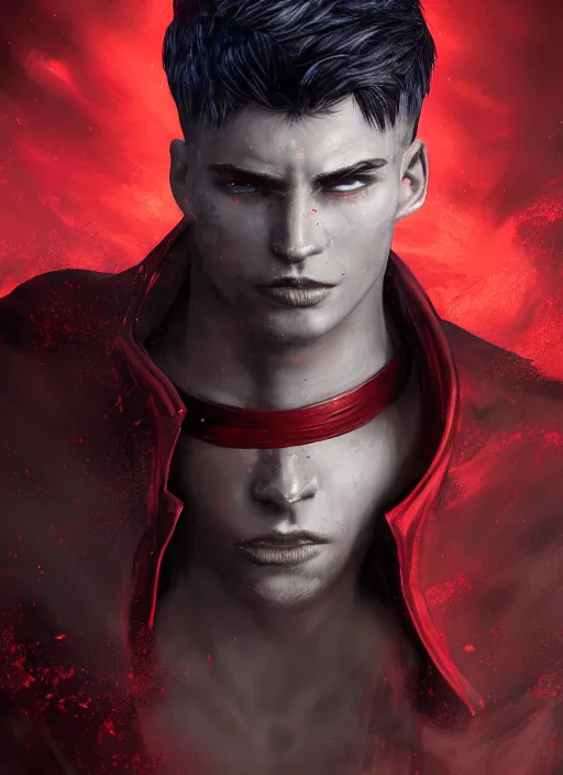 Image similar to An epic fantasy comic book style portrait painting of a young man with black and red cowlick haircut, red eyes, wearing an red shirt with X symbol, black overcoat, blue jeans. He is surrounded by red energy. Wearing a power scouter. Unreal 5, DAZ, hyperrealistic, octane render, cosplay, RPG portrait, dynamic lighting