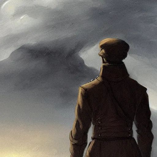 Image similar to dark-skinned man standing tall on a cliff fog clouds clothed in military uniform holding sword in the style of CASPAR DAVID FRIEDRICH atmosphere artstation deviantart acrylic