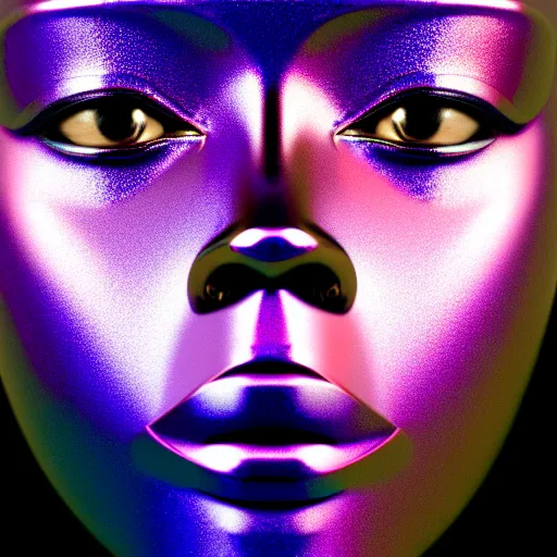 Image similar to portrait of metallic robot face, african woman, iridescent colors, smooth reflections, proud looking away, outdoor, blue sky, 8 k, realistic, depth of field, highly detailed, award winning photography, by richard mosse