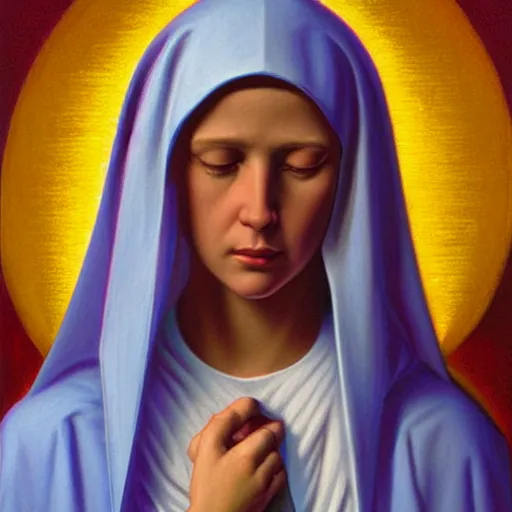 Prompt: portrait of young mother mary our lady of sorrows by greg hildebrandt beautiful high detail pastel colors