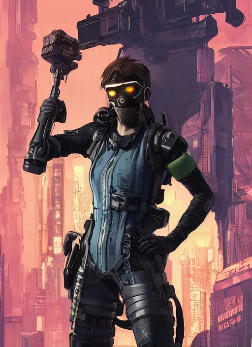 Image similar to cyberpunk factor worker. portrait by ashley wood and alphonse mucha and laurie greasley and josan gonzalez and james gurney. splinter cell, apex legends, rb 6 s, hl 2, d & d, cyberpunk 2 0 7 7. realistic face. character clothing. vivid color. dystopian setting.