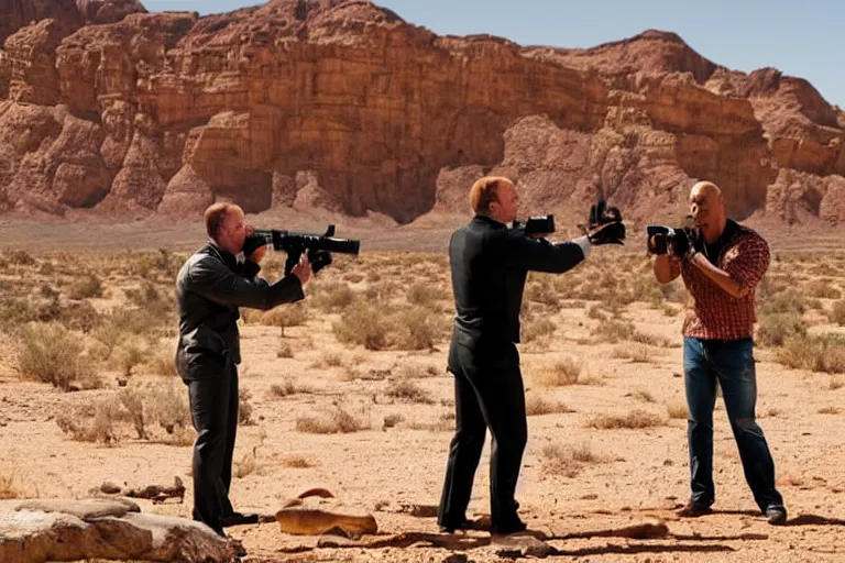 Image similar to dwayne johnson shooting bob odenkirk in the desert, movie still, photorealistic, detailed realistic bodies, realistic faces, clea composition