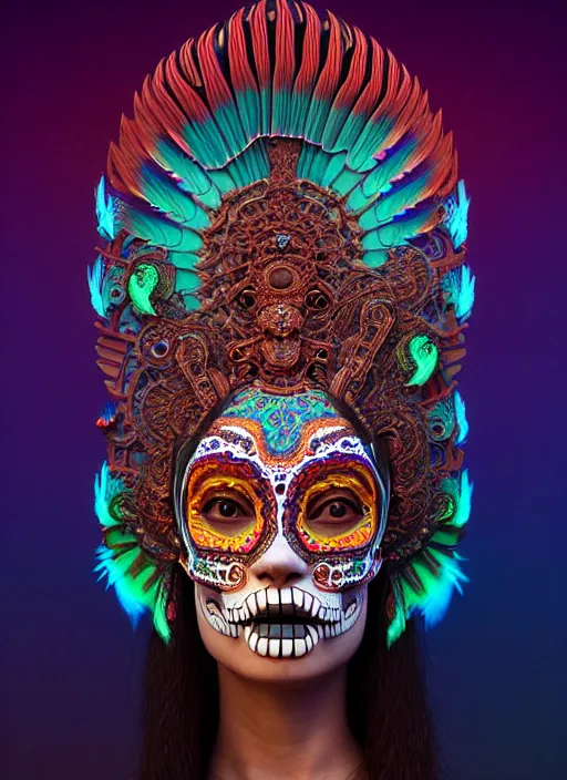 Prompt: 3 d mexican goddess profile portrait. beautiful intricate highly detailed day of the dead mask and feathers. low - key lighting, bioluminescent, plasma, lava, ice, water, wind, creature, quetzalcoatl, artwork by tooth wu and wlop and beeple and greg rutkowski, 8 k trending on artstation,