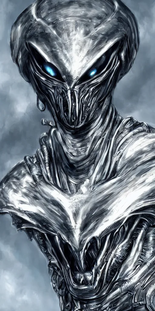 Prompt: a photo realistic portrait of an alien creature with highly detailed features wearing metal armor, dramatic rim lighting, concept art