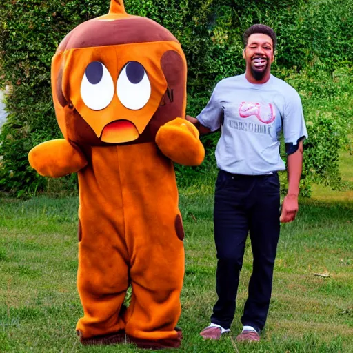 Image similar to ricky owens wearing a poo emoji costume realistic photo