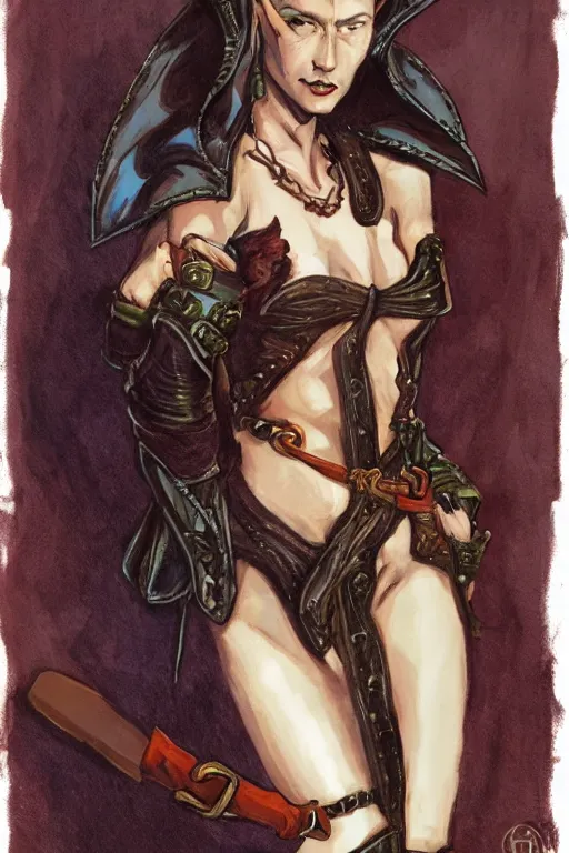 Image similar to Portrait of a beautiful female Half-Elf Rogue in high heeled leather boots in the style of Gerald Brom