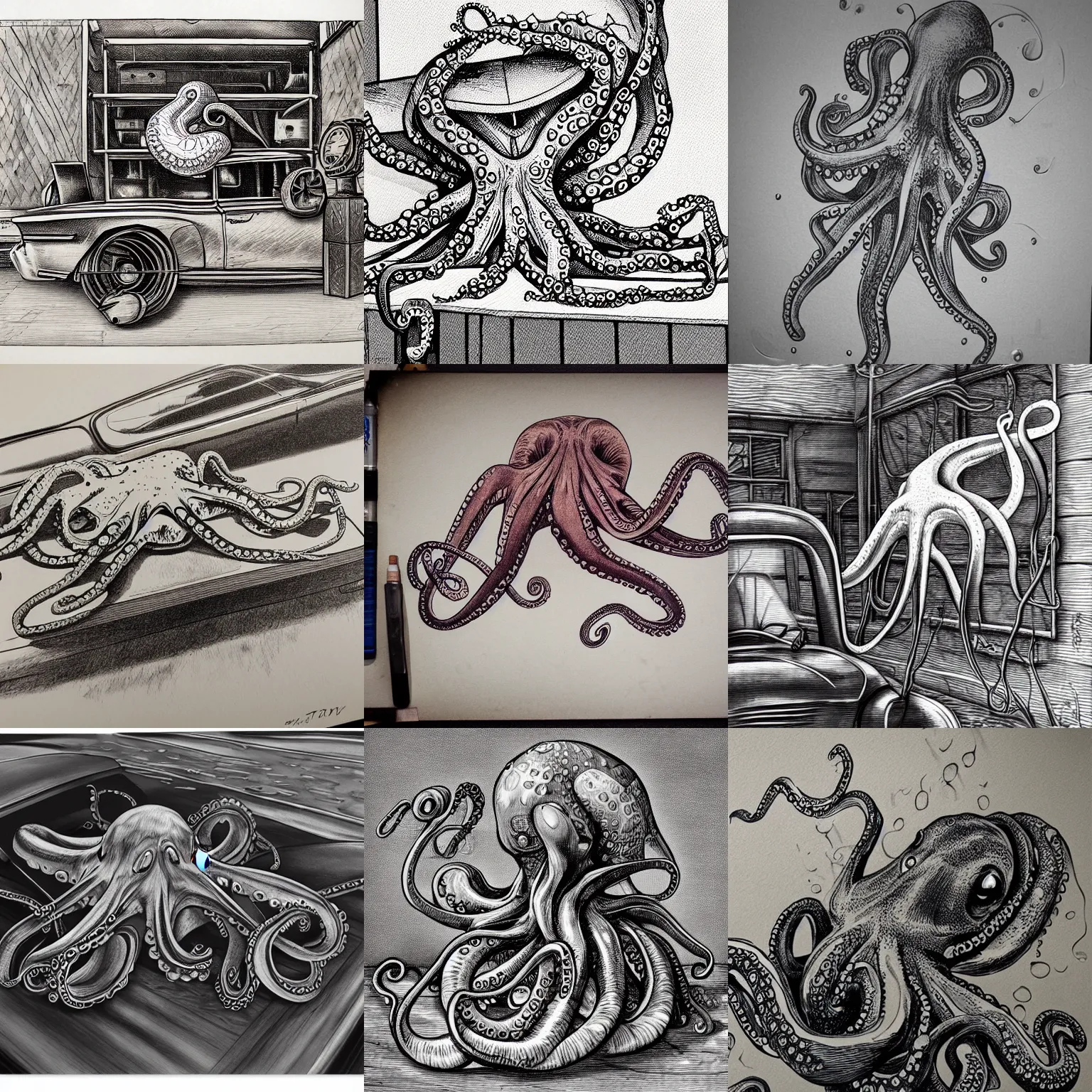 Image similar to a realistic octopus in a car repair shop, engraving, ink, sempe