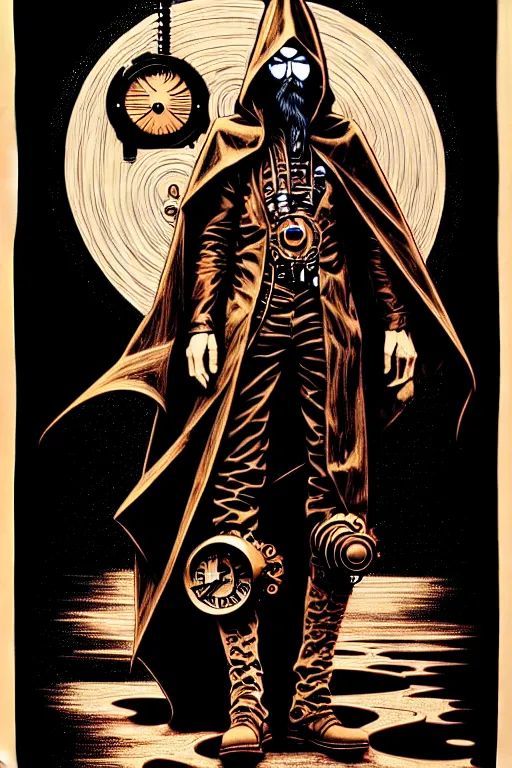 Image similar to cloaked steampunk wizard, high details, intricately detailed, by vincent di fate, inking, 3 color screen print, masterpiece, trending on artstation,, sharp, details, hyper - detailed, hd, 4 k, 8 k