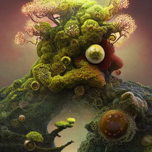 Prompt: a beautiful macro photography of moss with alien fungus, hyper detailed, warm volumetric lights, made by gerald brom and mike winkelmann, victo ngai, geof darrow, peter mohrbacher, johfra bosschart, miho hirano.