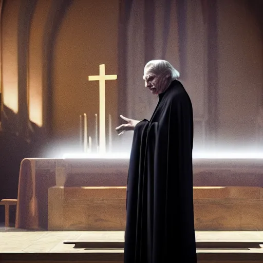 Image similar to emperor palpatine preaching to people at church, 8k cinematic lighting, very sharp detail, anatomically correct