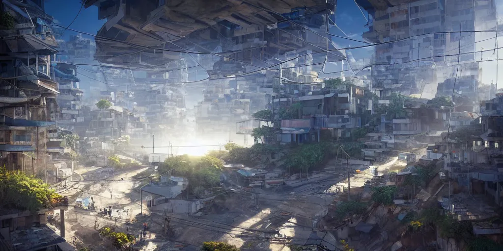 Image similar to Bright Beams of Light Shoot out of cracks in the ground, Futuristic Favela, Hyperrealistic Rendering, Photorealism, Raytracing, Anamorphic Lens, Artstation, detailed