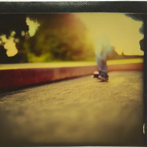 Prompt: Aged polaroid photo of someone skateboarding down a road, sunset lighting, heavy color bleed, film grain