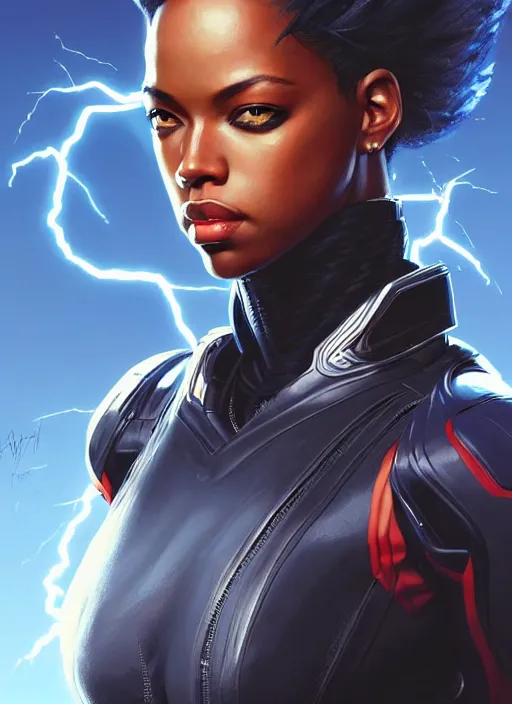 Image similar to portrait of apex legends aaliyah haughton, x - men, storm, elegant, lightning strikes, highly detailed, digital painting, artstation, glamor pose, concept art, smooth, sharp focus, illustration, art by artgerm and greg rutkowski, artey freytag