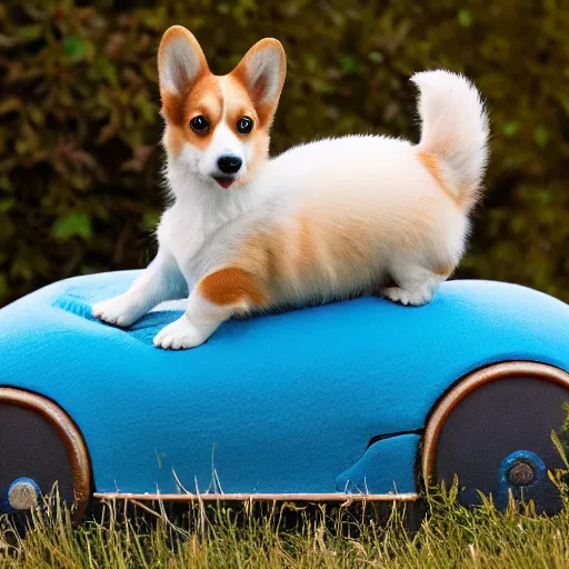 Prompt: 8k highly detailed photograph of a tiny person riding on the back of an adorable corgi, like a horse. blue saddle