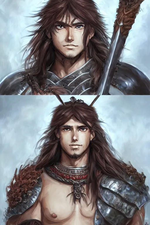 Image similar to A realistic anime portrait of a young handsome male barbarian with long wild hair, intricate fantasy spear, plated armor, D&D, dungeons and dragons, tabletop role playing game, rpg, jrpg, digital painting, by Ayami Kojima and Yusuke Murata, digtial painting, trending on ArtStation, SFW version