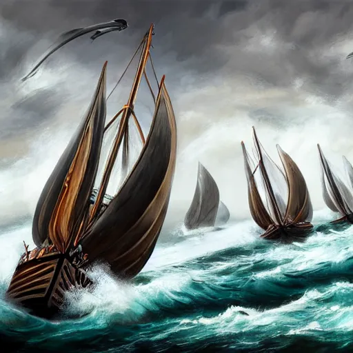 Prompt: a fleet of ancient trojan sailboats, amidst crashing waves and huge looming rocks, whirlpool, trireme, skiff, wooden sailboats, grim, lightning flashes, sky swirling with black wind, dark sky, dramatic, realistic, detailed, ancient, artstation, artgerm, digital painting