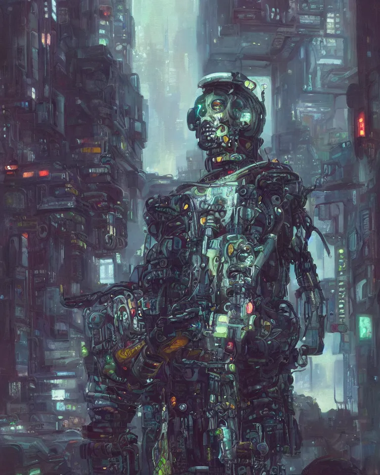 Image similar to an oil painting portrait of a cybernetic junkyard ghost, cyberpunk, shadowrun, in the style of brom