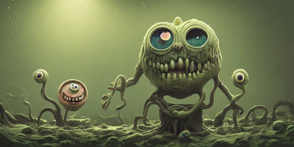 Prompt: of an intricate murky clay swamp with strange cute friendly laughing ghosts with huge eyes, long tongue, square teeth and funny face appearing from the mud, in the style of craola, macro lens, shallow depth of field, highly detailed, digital painting, trending artstation, concept art, illustration, cinematic lighting, vibrant colors, photorealism, epic, octane render