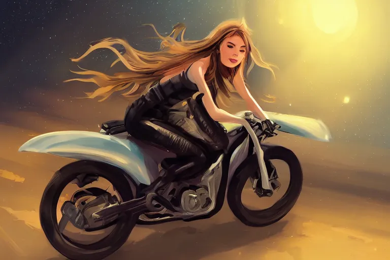 Image similar to a girl is riding a motorbike, digital painting, artstation, the space background,concept art, illustration,