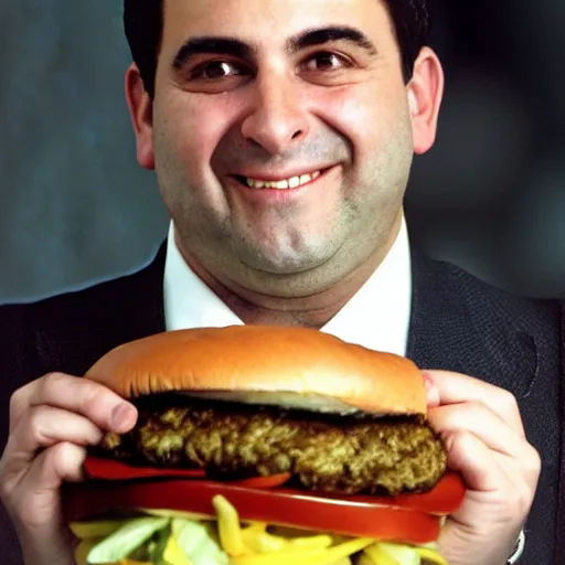 Image similar to clean - shaven smiling white chubby italian american man in his 4 0 s wearing a brown overcoat overcoat overcoat and necktie holding a giant burger, 2 0 0 0 avertising promo shot