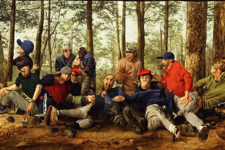 Image similar to mid - thirties guys in baseball caps binge drinking in a forest, in the style of skovgaard