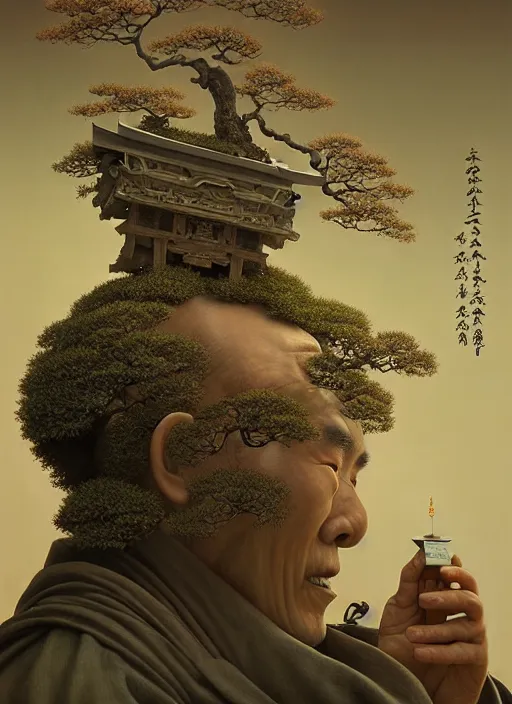 Image similar to shinto monk with a bonsai growing out of his head, intricate, rim light, octane render, by tomasz alen kopera, cgsociety and fenghua zhong, highly detailed, art, cinematic lighting, very coherent, hyper realism, high detail, 8 k