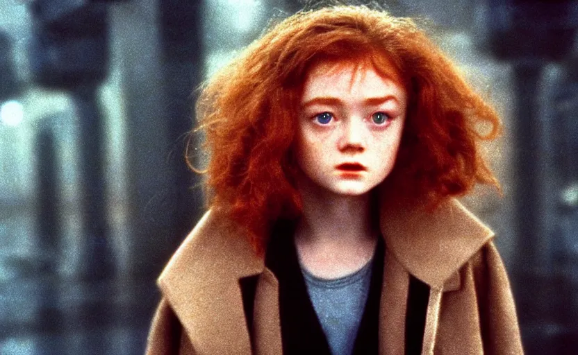 Prompt: sadie sink with spiky short hair in oversized man's coat : a still from a scifi soviet cyberpunk film from 1 9 8 0 s. by steven spielberg and james cameron. 6 5 mm low grain film stock. sharp focus, realistic facial expression, perfect anatomy, cinematic atmosphere, detailed and intricate environment, trending on artstation