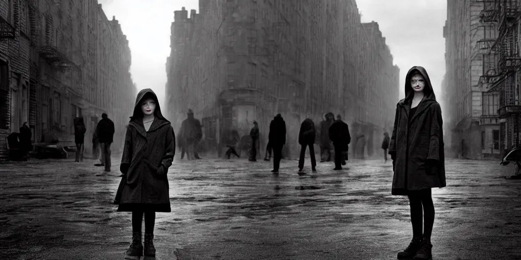 Image similar to sadie sink in hoodie at umbrella stand in ruined square, pedestrians on both sides ignore her, old tenements in background : grainy b & w 1 6 mm film, 2 5 mm lens, single long shot from schindler's list by steven spielberg. cyberpunk, steampunk. cinematic atmosphere and composition, detailed face, perfect anatomy