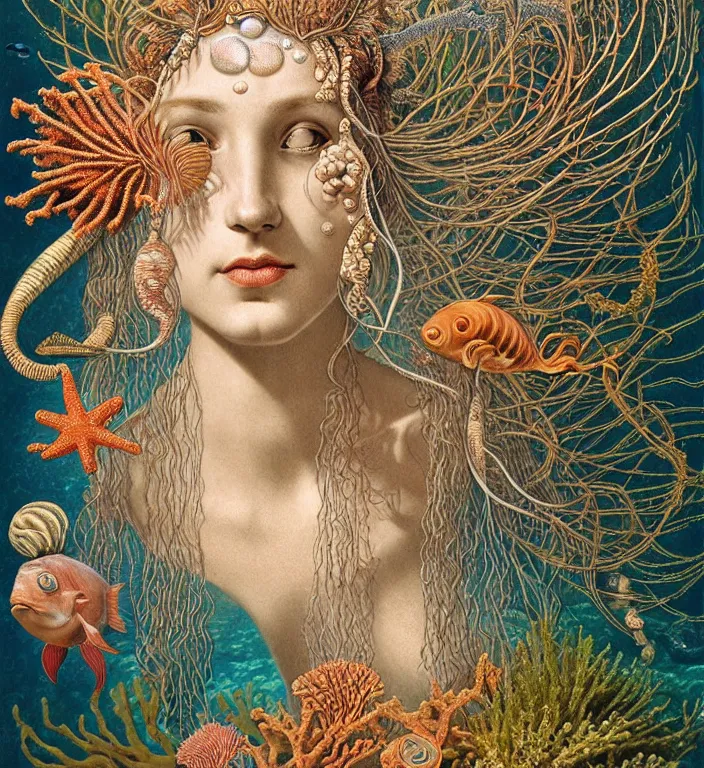 Image similar to realistic detailed underwater portrait of the goddess of the fish of the three times with an intricate headdress of corals, sea kelp, sea plants, fish, jellyfish, art by archimboldo and ernst haeckel, face in focus in the middle, neo - gothic, gothic,