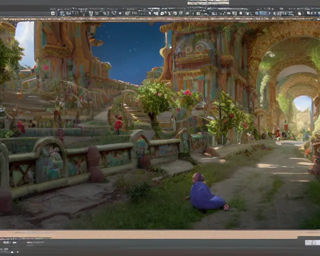 Image similar to of a very beautiful scene. processing block environment. a sweet fat old woman is in love with a huge, colorful and ugly string puppet. hyper realistic. 4 k. wide angle. in the baroque style. wild. symmetrical face, red mouth, blue eyes. deep focus, lovely scene. processing block environment. concept art. unreal engine.