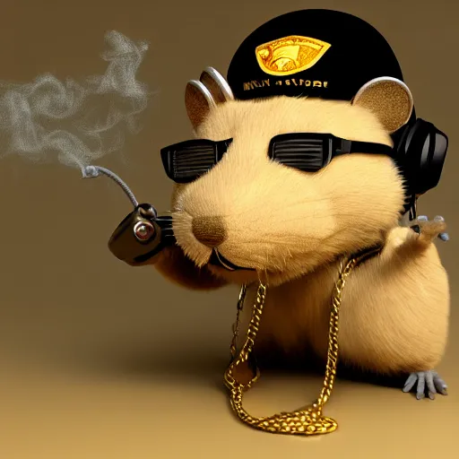Prompt: furry gangster rat wearing headphones and a gold chain, smoking a blunt, 3d render, blender, 4k