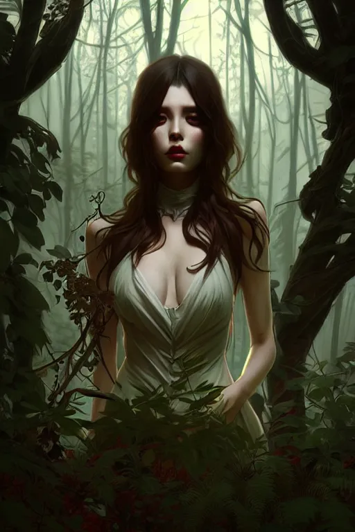 Image similar to beautiful digital painting of a stylish horror female forest with high detail, 8 k, stunning detail, works by artgerm, greg rutkowski and alphonse mucha, unreal engine 5, 4 k uhd