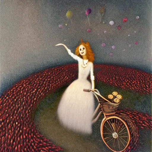 Image similar to by remedios varos, a long haired woman riding a bicycle towards a giant candle in the distance, oil painting, met collection, high resolution