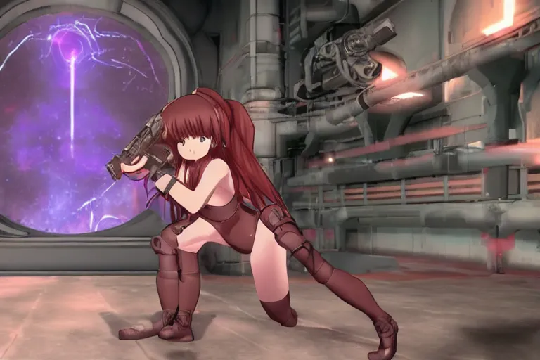 Image similar to an anime girl in a screenshot of the video game doom, the anime girl is crouching