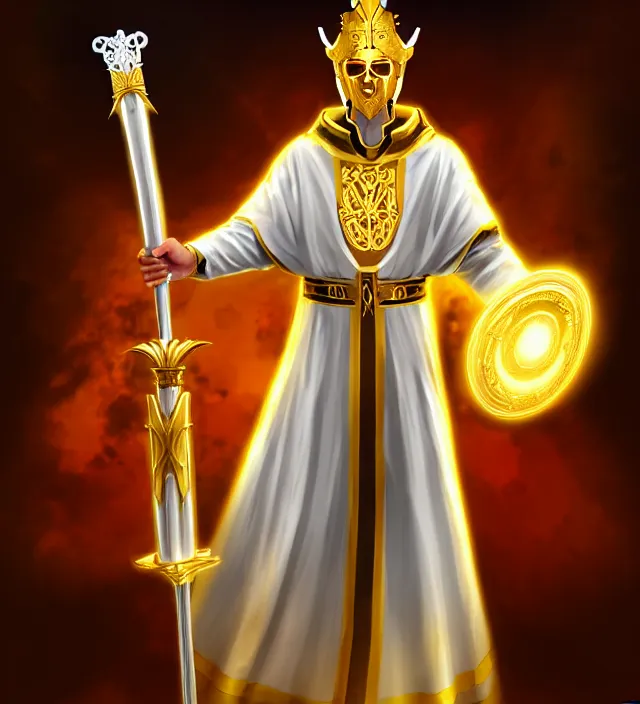 Prompt: a golden skin priest imperator in white clothes with a power and a scepter in his hands and with crown and golden mask, digital art, concept art, high detailed
