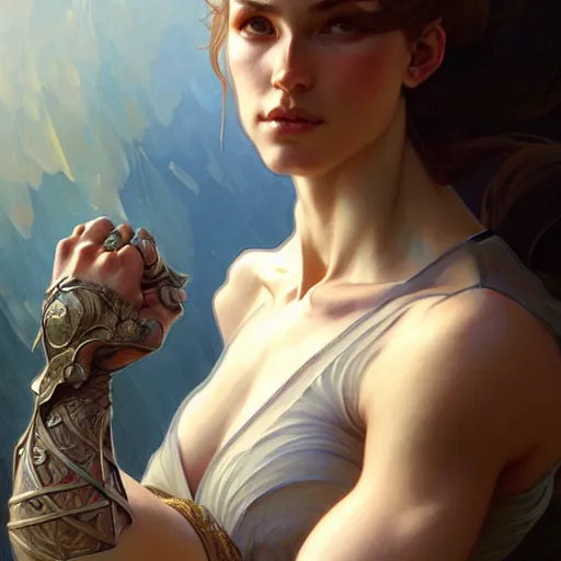 Image similar to , muscular upper body, D&D, fantasy, intricate, elegant, highly detailed, digital painting, artstation, concept art, smooth, sharp focus, illustration, art by artgerm and greg rutkowski and alphonse mucha