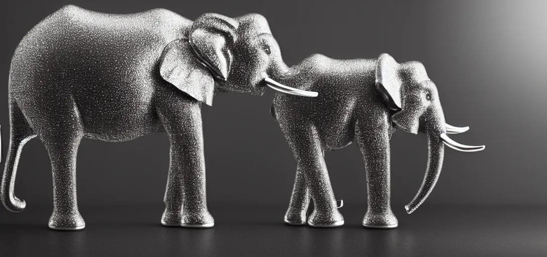 Prompt: a wide shot of transparent silver handcrafted elephant, electric lights inside the elephant, jewelry lighting, studio lighting, dark background, photorealistic, octane render, unreal engine