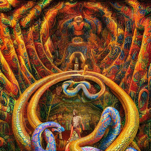 Image similar to person inside a temple made of serpents. Hyperdetailed photorealism, 108 megapixels, amazing depth, glowing rich colors, powerful imagery, psychedelic Overtones