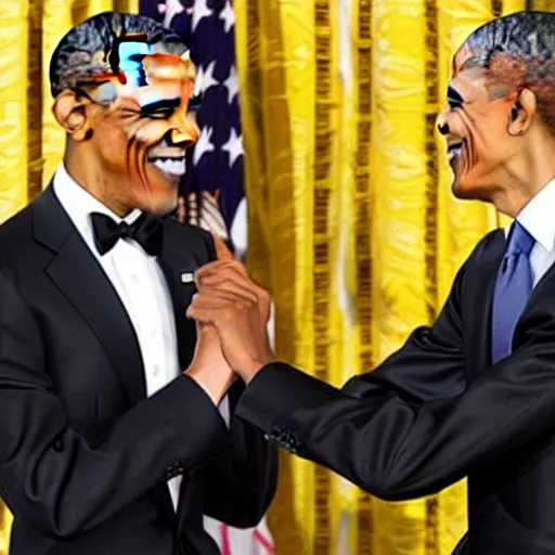 Image similar to A serious Barack Obama in a suit is awarding a medal to another, smiling, suited Barack Obama. There's a yellow curtain in the background.