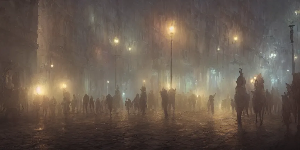 Image similar to a parade in a thick swirling fog, soft lighting, night, unreal engine, digital art, 8 k, oil painting, fantasy art, illustration, detailed and intricate environment