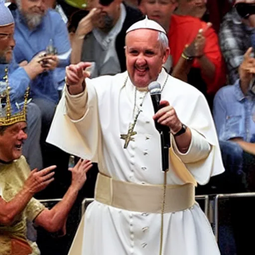Prompt: guy fieri dressed as the pope, people are cheering for him, the crowd is filled with people wearing tin foil hats, award winning photo,