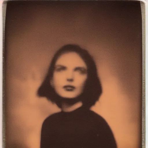 Image similar to an aged polaroid portrait of a beautiful young woman at night, detailed clouds, stars are visible in the sky, heavy film grain, color bleed