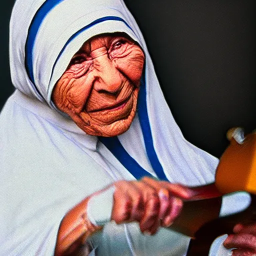 Image similar to hyperrealistic hdr photography of mother theresa playing beatsabre.