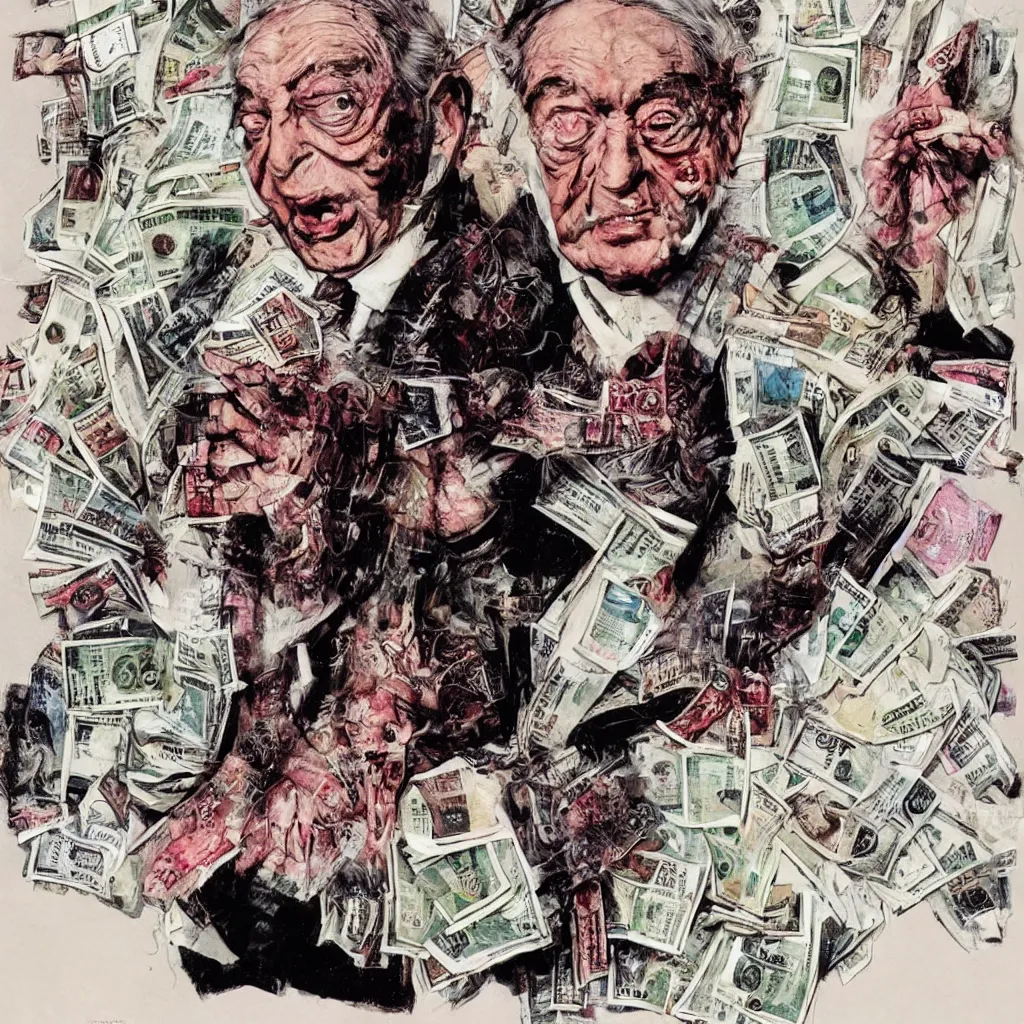 Prompt: George Soros, dollar bills Body horror, biopunk, by Ralph Steadman, Francis Bacon, Hunter S Thompson